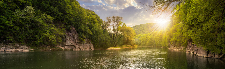 rivière forestière avec des pierres sur les rives au coucher du soleil