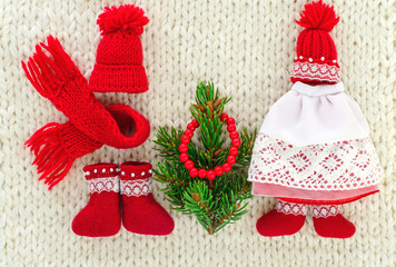 Christmas tree  and red cap, scarf, boots