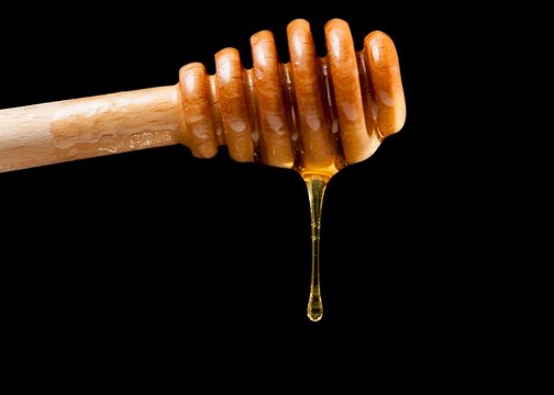 wooden honey dipper with drop honey black background