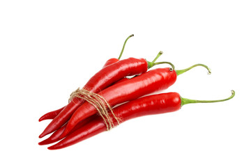 Red hot chili peppers tied with rope isolated on white backgroun