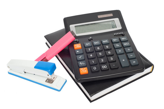 Notepad, marker, stapler and calculator on a white background