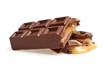 Chocolate bar with caramel isolated on white background