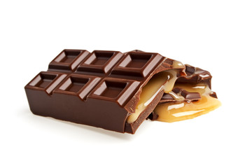 Chocolate bar with caramel isolated on white background