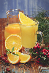 Fresh orange juice and  orange slice for winter and Christmas