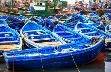 Fototapeta na wymiar Blue boats of Essaouira, Morocco