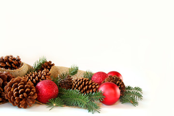 Christmas Bulb, Pine Cone, and Evergreen Border Isolated on Whit