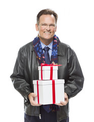 Man Wearing Black Leather Jacket Holding Christmas Gifts on Whit