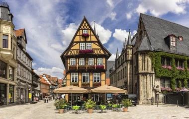 Vitrage gordijnen Artistiek monument Oude Duitse huizen in Quedlinburg 06592