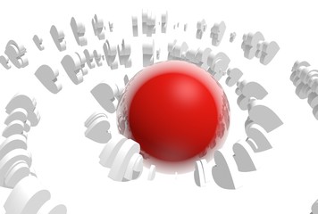 grey hearts icons on spiral orbit around red sphere