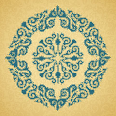 Blue ornament, gold background.
