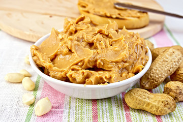 Butter peanut in the bowl on tablecloth
