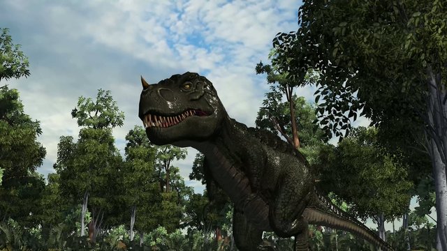 T-Rex Tyrannosaurus Dinosaur walks  in a prehistoric scene