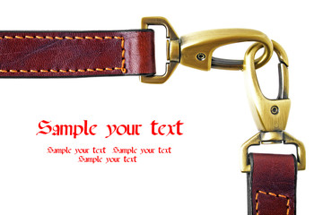 A double carabiner lock on a leather belt, isolated