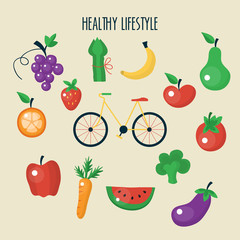 Vegetable and fruit flat icons for healthy lifestyle concept