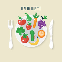 Vegetables and fruits flat icons on plate. Healthy lifestyle