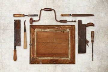collage work wood tools carpenter forming a frame