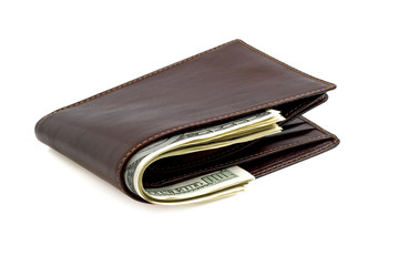Wallet with money on white background