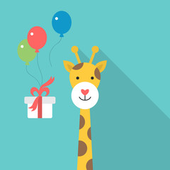 Flat icon design of giraffe with balloons and gift box.