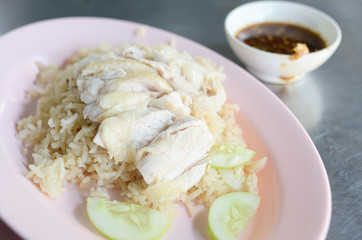 Boned, sliced Hainan-style chicken with marinated rice