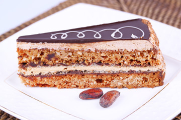 Delicious chocolate cake on plate on table close-up