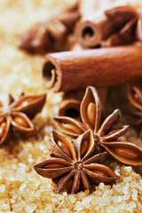 anise star and cinnamon sticks on brown cane sugar