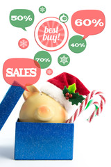 Piggy bank with speech bubbles. Christmas sale concept, isolated