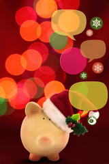Piggy bank with speech bubbles. Christmas sale concept