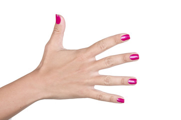 Woman hand making sign five.