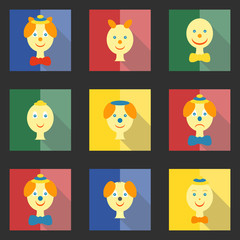 Set of colored square icons with flat heads clowns and