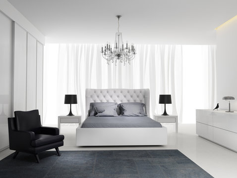 Contemporary fresh elegant white bedroom with rug