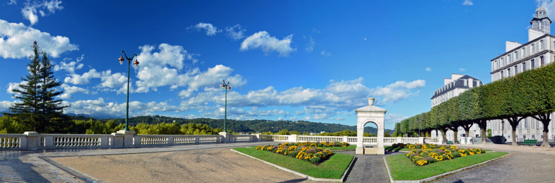 Panorama of fountain place of Boulevard of Pyrenees in Pau