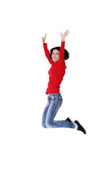 Fototapeta na wymiar Full length cheerful woman jumping