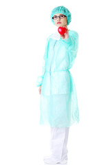 Full length female doctor holding heart model