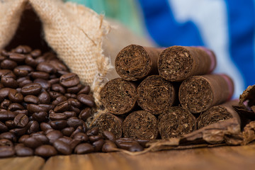 Authentic cigars and cuban flag in background