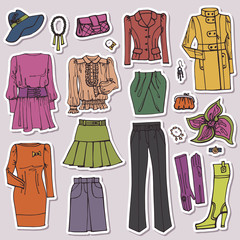 Fashion Sketch.Females clothing and accessories set.Sticker