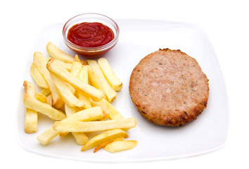 Hamburger with fries and ketchup on white background