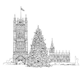 Christmas tree in London in front of Parliament tower, sketch 