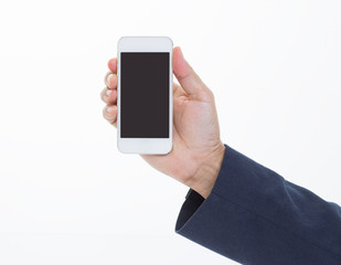 Businessman hand holding mobile phone on white background