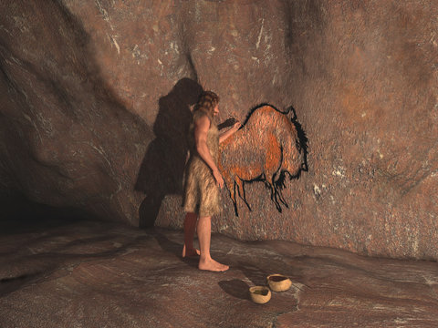 Cavernícola realizando una pintura rupestre
