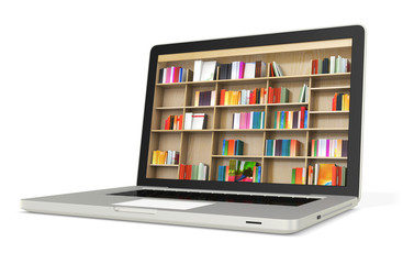 3d laptop with book shelves