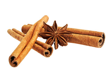 Cinnamon sticks and stars anise isolated on a white background