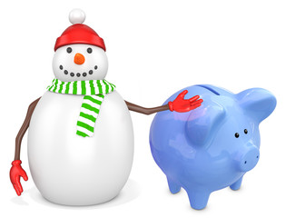 3d snowman with a piggy bank