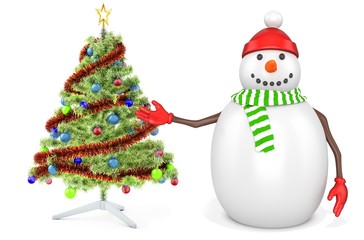3d snowman with a christmas tree