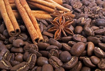 Coffee beans, anise and cinnamon sticks