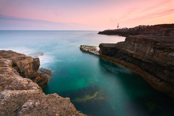Portland Bill lighthouse at sunset, Dorset, UK.