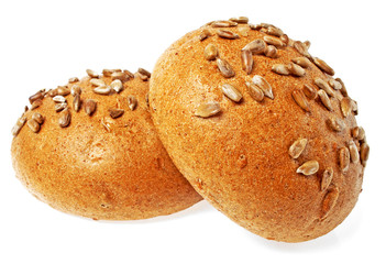 Sandwich bun with sunflower seeds isolated on white background,