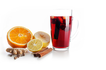 mulled wine with spices, ginger, cinnamon on a white background