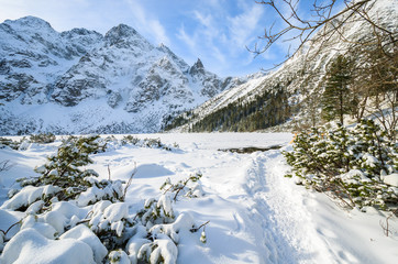 Morskie Oko lake in winter landscape of Tatra Mountains, Poland