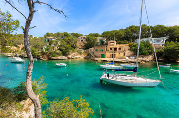 Yacht boat on sea in Cala Figuera village, Majorca island