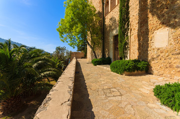 Terrace of church mountain landscape of Deia village, Majorca